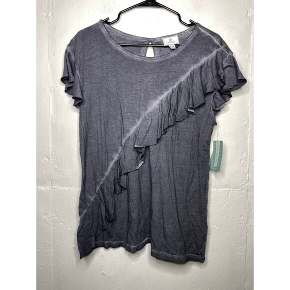 NEW Susina Ruffle Trim Blouse Burnout Gray Size Large Short Sleeve - Picture 1 of 6